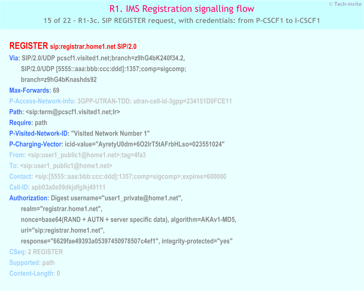 IMS R1 signalling flow - Registration: User not registered - IMS R1-3b. SIP REGISTER request, with credentials: between P-CSCF1 and DNS